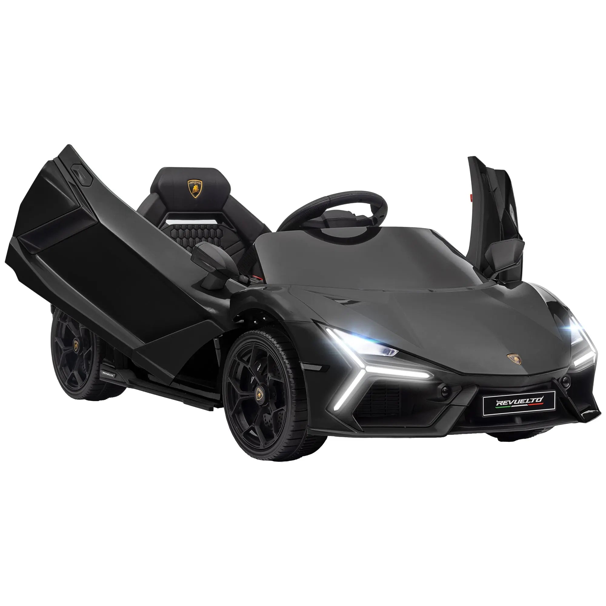 AIYAPLAY Lamborghini Revuelto Licensed 12V Ride on Car w/ Butterfly Doors, Transport Wheels, Suspension, Remote Control, Black 