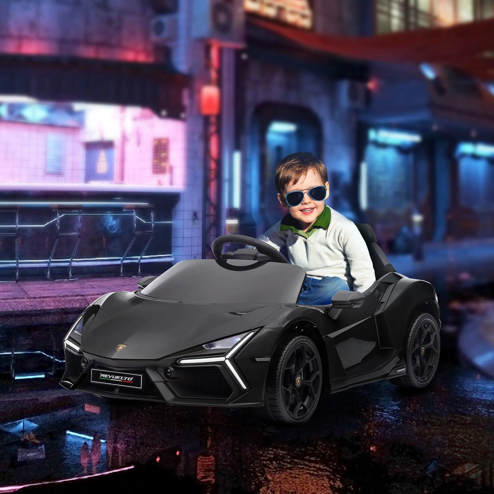 AIYAPLAY Lamborghini Revuelto Licensed 12V Ride on Car w/ Butterfly Doors, Transport Wheels, Suspension, Remote Control, Black 