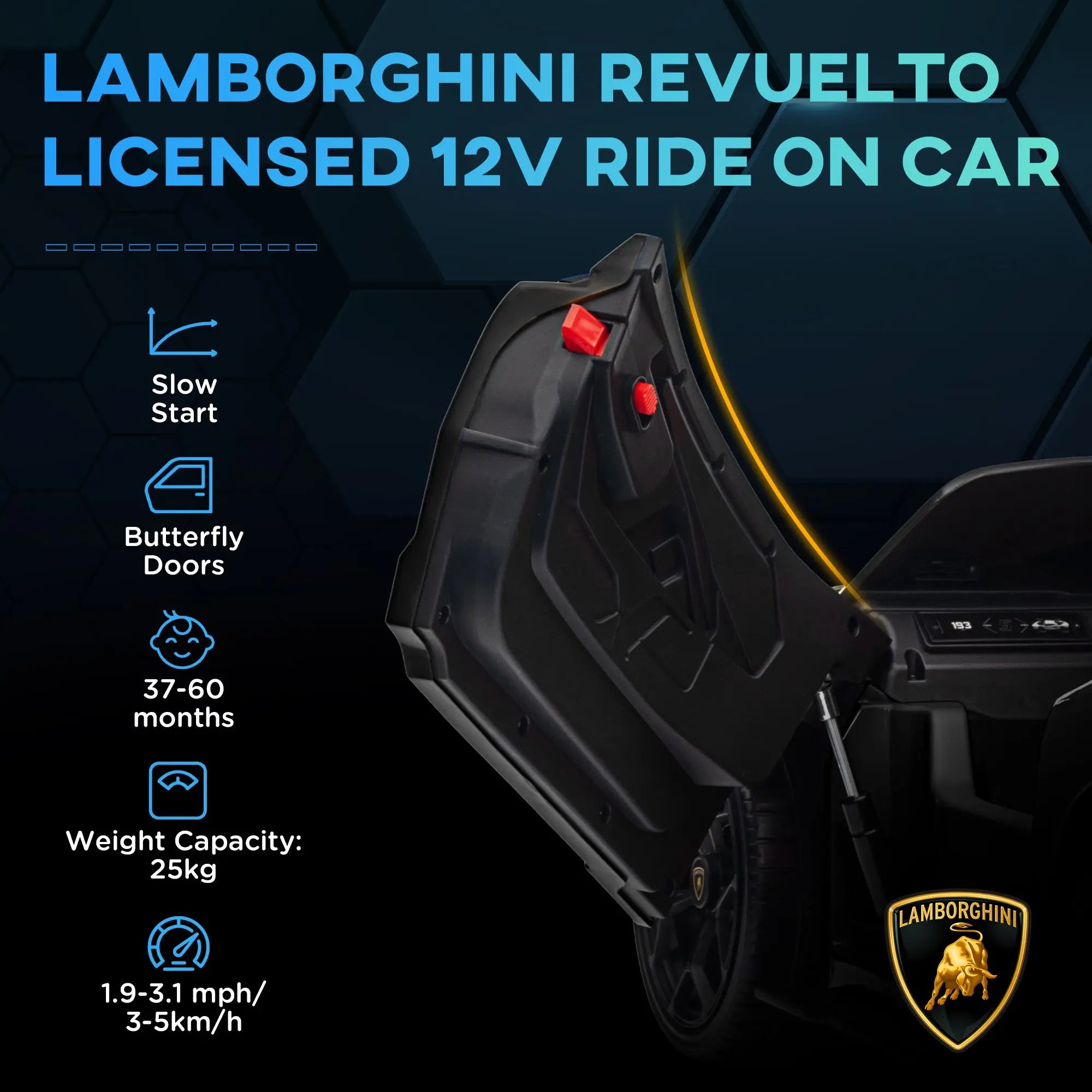 AIYAPLAY Lamborghini Revuelto Licensed 12V Ride on Car w/ Butterfly Doors, Transport Wheels, Suspension, Remote Control, Black 