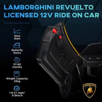 AIYAPLAY Lamborghini Revuelto Licensed 12V Ride on Car w/ Butterfly Doors, Transport Wheels, Suspension, Remote Control, Black 