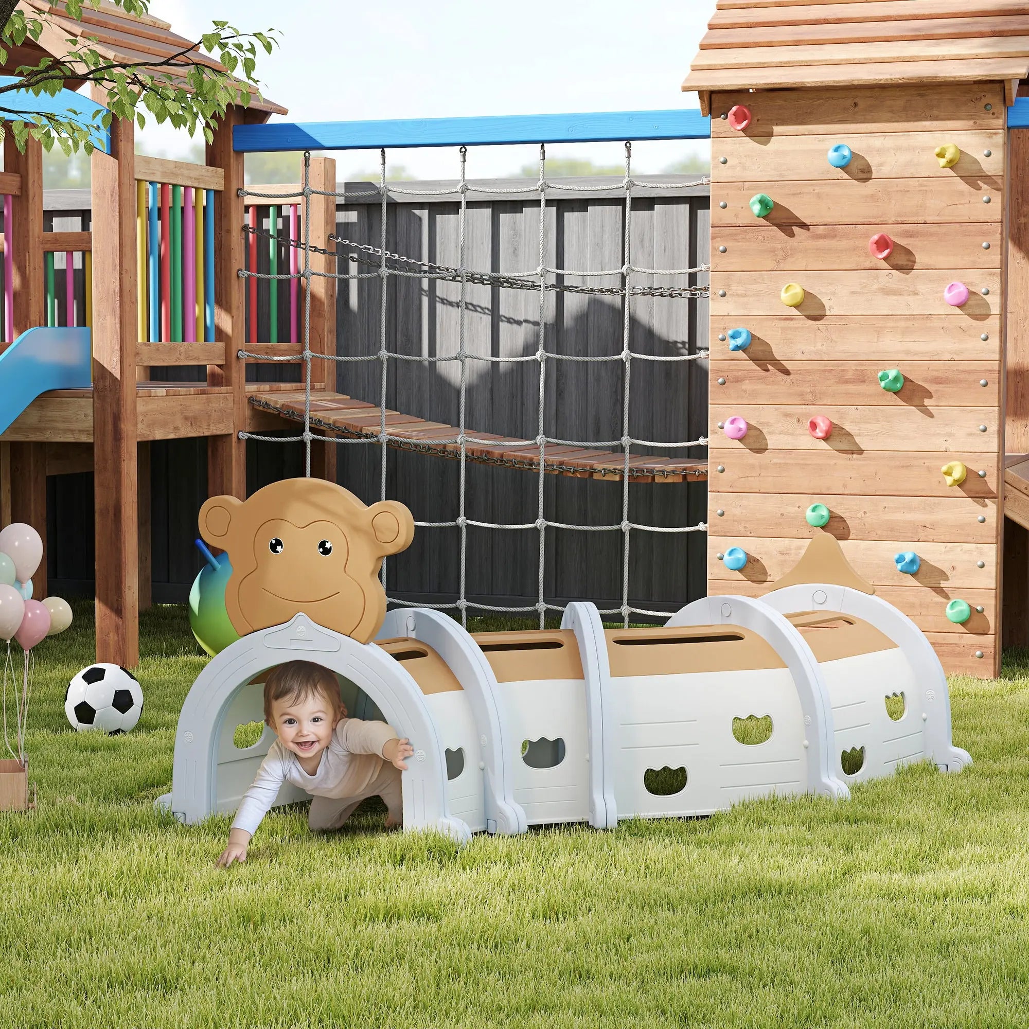 AIYAPLAY Monkey Design Kids Play Tunnel for Crawl and Climb, for 3-6 Years, Brown 