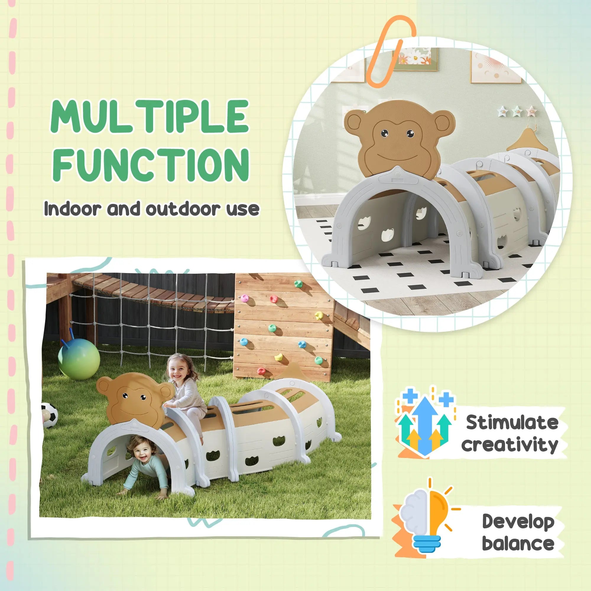 AIYAPLAY Monkey Design Kids Play Tunnel for Crawl and Climb, for 3-6 Years, Brown 