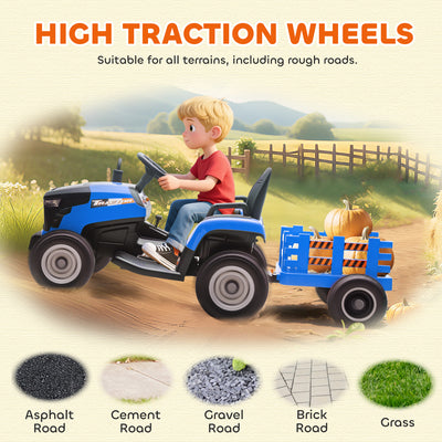 AIYAPLAY 12V Ride on Tractor and Trailer with Remote Control, Music, Shifter, Start-Up Sound, for Kids Ages 3-8 Years, Blue 