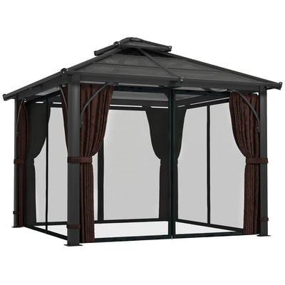 Outsunny 3 x 3(m) Hardtop Gazebo Canopy with 7mm Double Polycarbonate Roof, Garden Gazebo Permanent Pavilion with Mosquito Netting and Curtains for Patio, Deck, Brown 