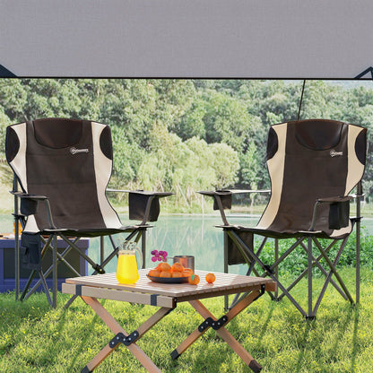 Outsunny Set of 2 Folding Camping Chairs, Padded Camping Chairs with Adjustable Armrests, Portable & Lightweight Folding Camp Chair with Cooler Bag, Cup Holder and Side Pockets, Black 