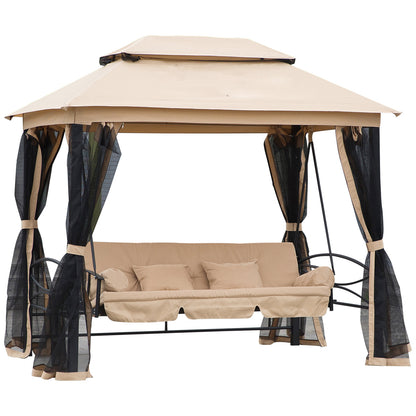 Outsunny 3 Seater Swing Chair 3-in-1 Convertible Garden Swing Seat Bed Gazebo Patio Bench Outdoor with Double Tier Canopy, Cushioned Seat, Mesh Sidewalls, Beige 