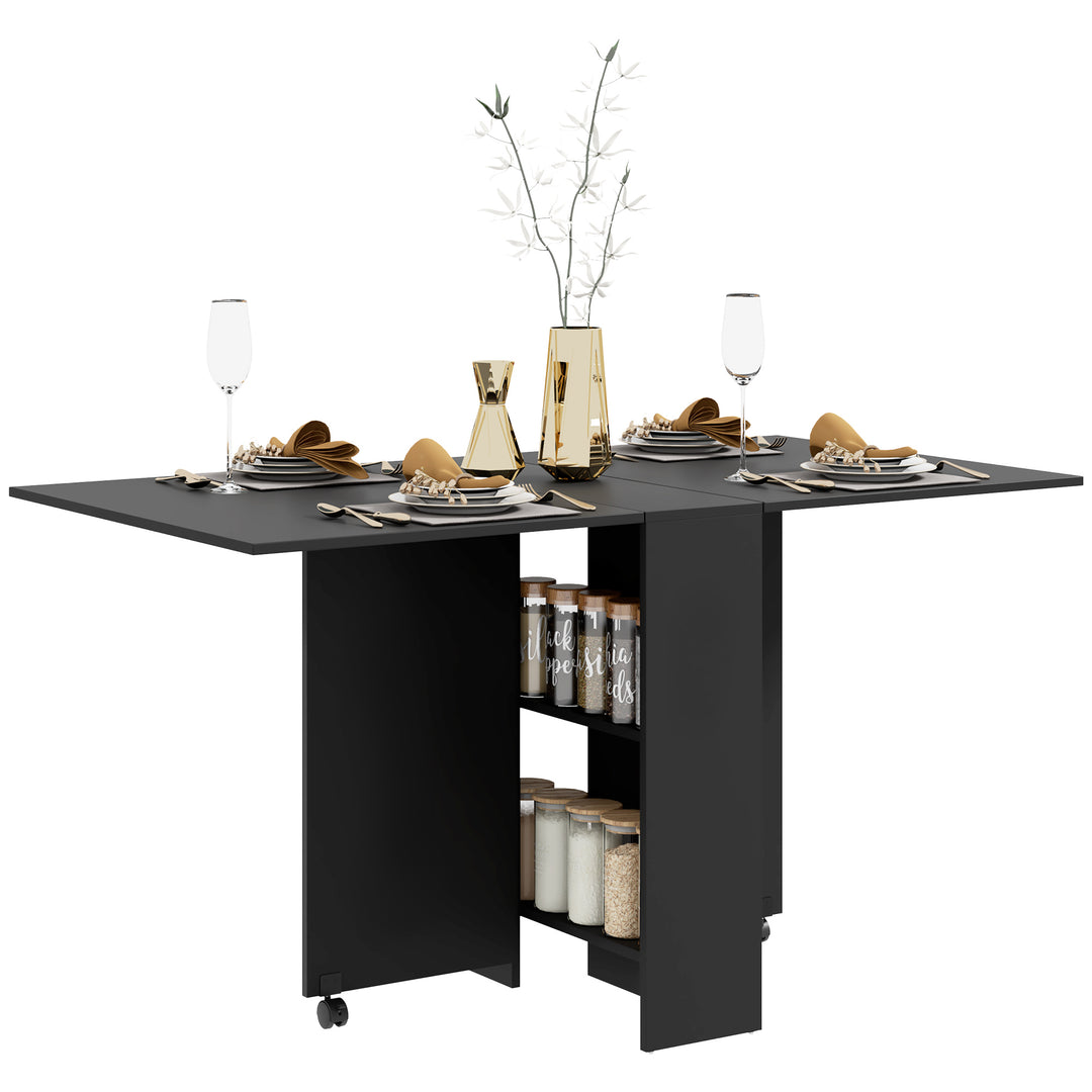 HOMCOM Foldable Dining Table, Extendable Drop Leaf Table with 2-tier Shelves, Small Dinner Table with Rolling Casters 