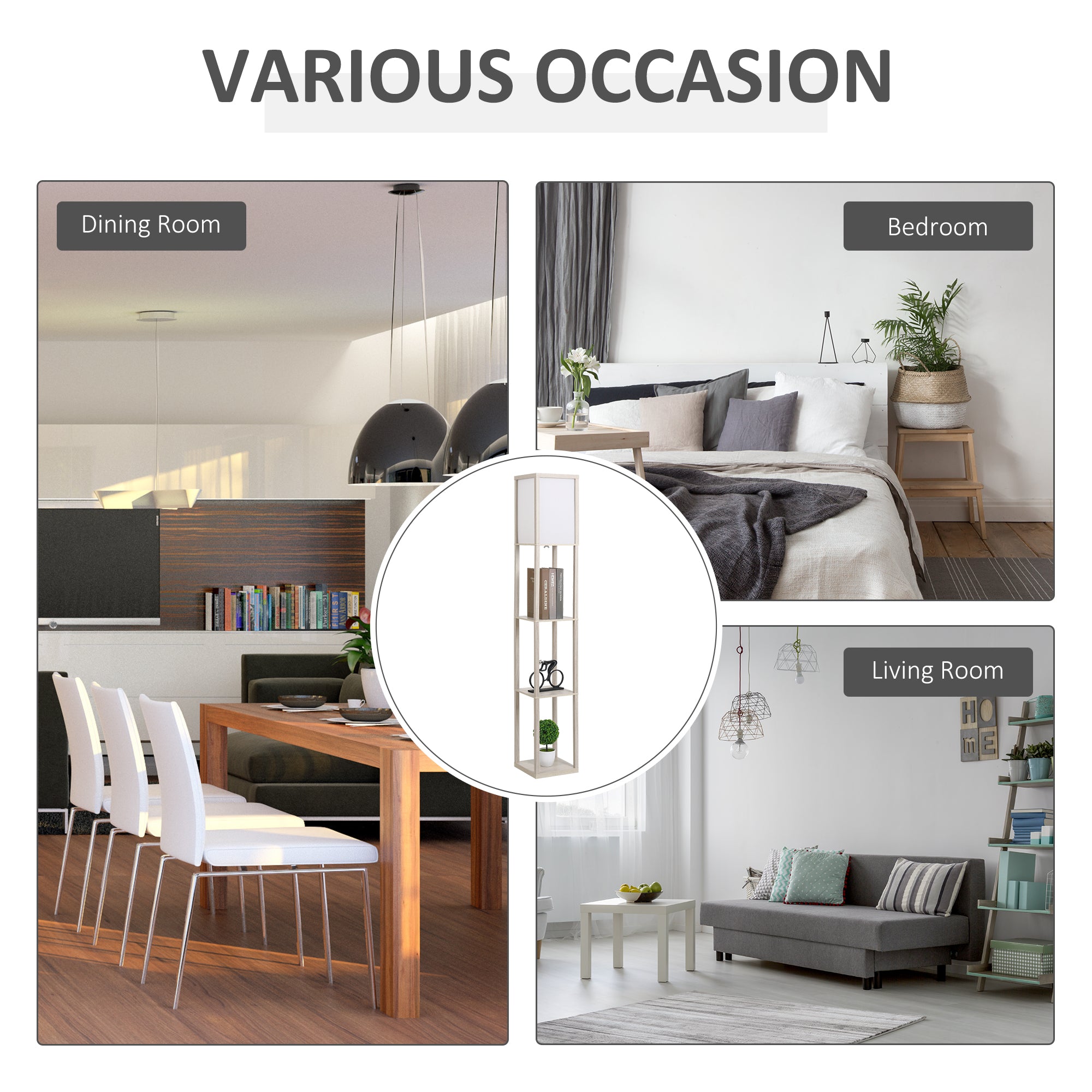 HOMCOM 3-Tier Floor Lamp, Floor Light with Storage Shelf, Reading Standing Lamp with Acrylic Shade for Living Room, Bedroom, Kitchen, Dining Room, Office, Dorm, 160cm, Oak 