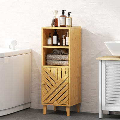 HOMCOM Slim Bathroom Cabinet with Bamboo Door and Legs, Narrow Bathroom Storage Cabinet, Freestanding Storage Cupboard with Open Compartments, 32 x 30 x 90 cm, Natural Wood Finish 