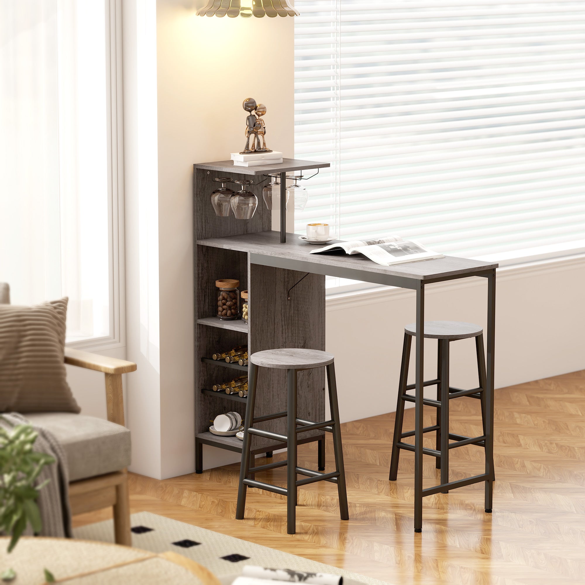 HOMCOM 3 Pieces Dining Room Set, 2 Round Stools with Footrest, 6-Tier Dining Table with Storage Shelves, Natural 