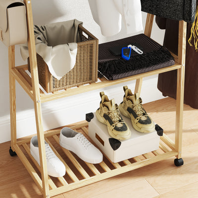 HOMCOM Bamboo Clothes Rack, with Shelves and Hooks - Natural Finish 