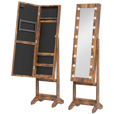 HOMCOM Free Standing Mirror Jewelry Cabinet with LED Lights, Jewellery Organiser with 3 Angle Adjustable, Full-Length Mirror with Storage for Earrings, Necklaces, Rings and Lipsticks, Rustic Brown 