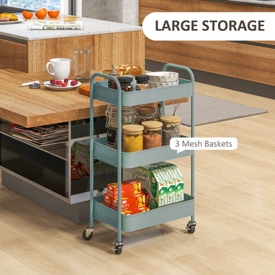 HOMCOM Three-Tier Steel Storage Trolley - Light Blue 