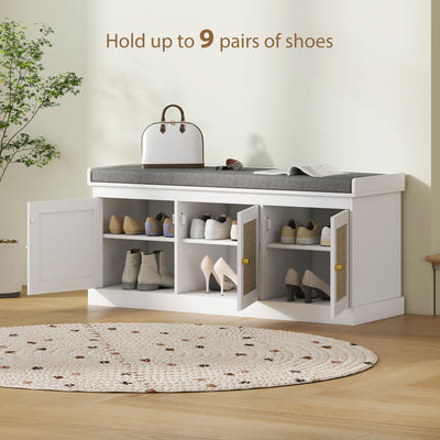 HOMCOM Shoe Storage Bench with Woven Rattan Doors, Seat - White 