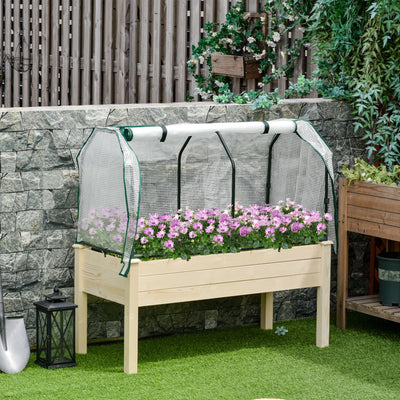 Outsunny Raised Garden Bed Outdoor Elevated Wood Planter Box w/ PE Cover, Natural 