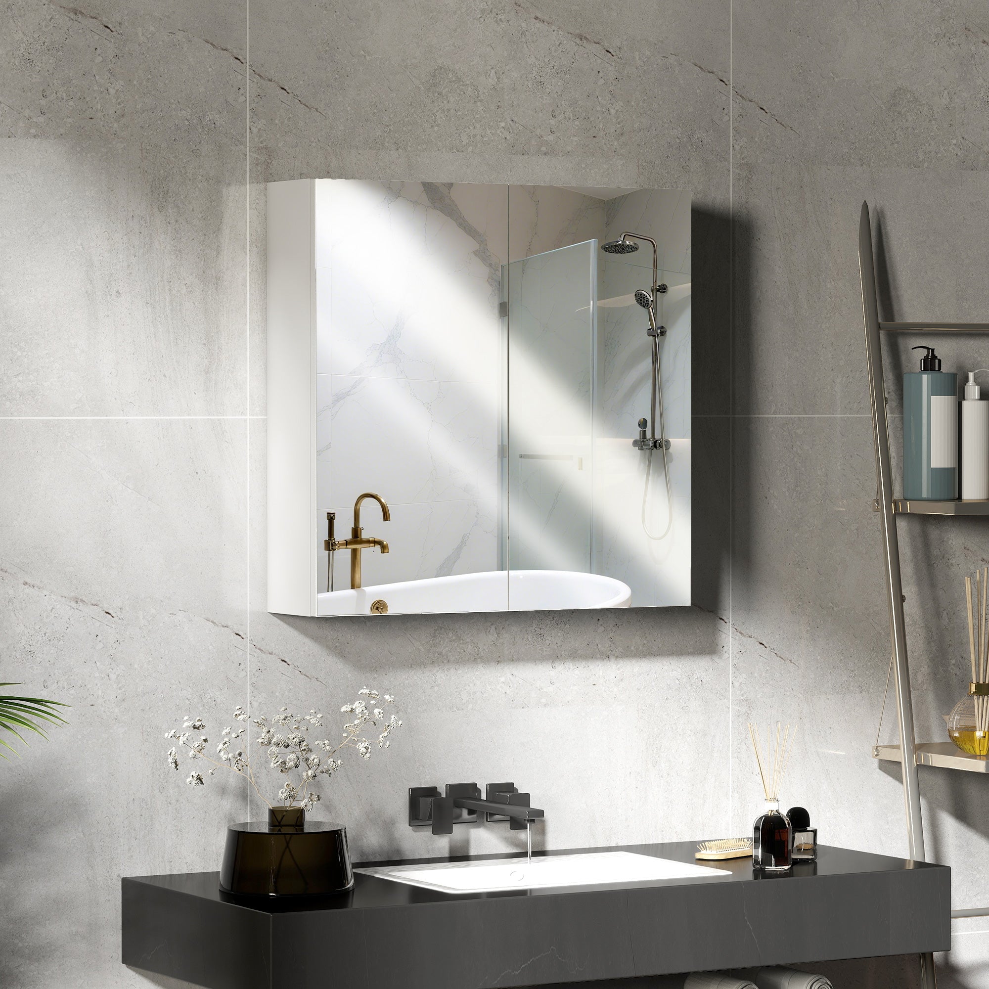 HOMCOM Double Door Wall Mounted Glass Mirror Cabinet Modern Storage Unit Bathroom Shelf Organiser Waterproof Wooden Frame 60W x 15D x 60H cm