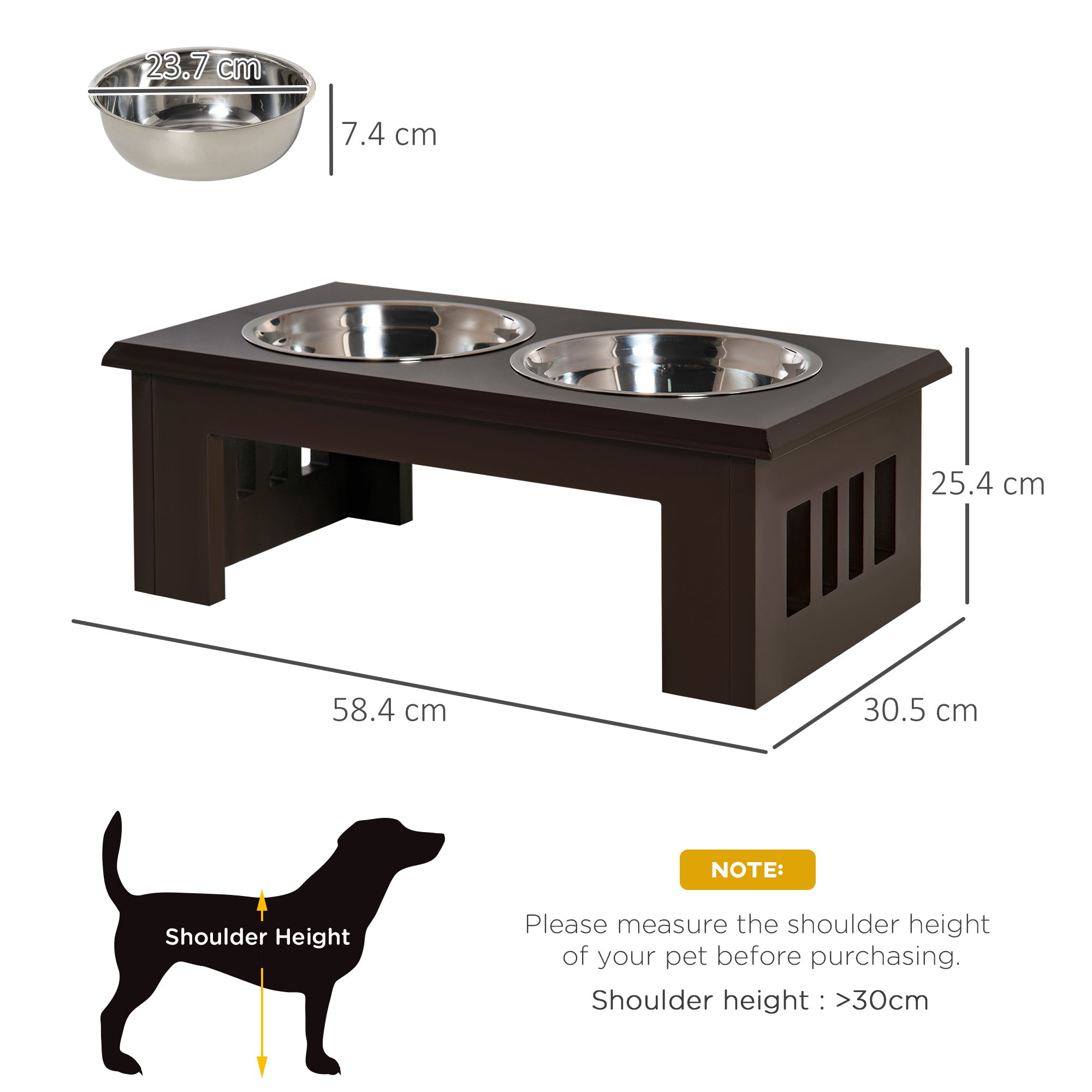 PawHut Raised Dog Feeding Bowls with Stand, Stainless Steel for Medium Dog, 58L x 31W x 25H cm - Brown 