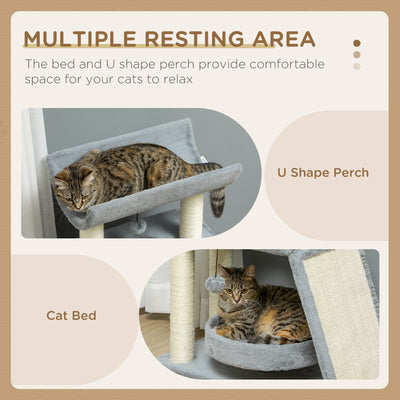 PawHut Cat Tree Tower, with Scratching Posts, Pad, Bed, Perch, Toy Ball - Light Grey 