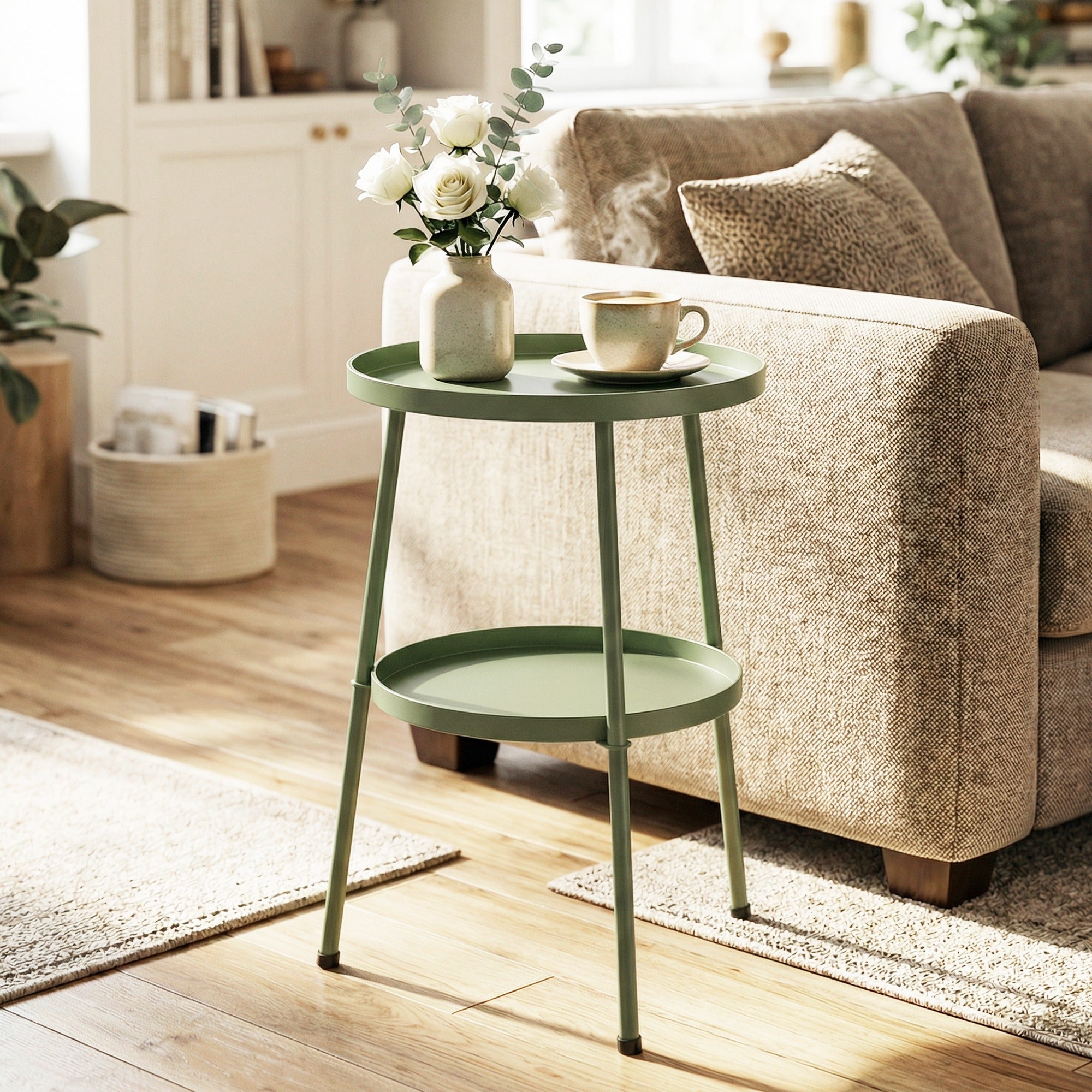 Outsunny Patio Side Table, 2-Tier Round Coffee End Table for Garden Balcony Living Room Bedroom, Light Green 
