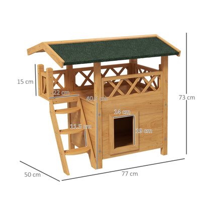 PawHut Cat House Outdoor w/ Balcony Stairs Roof, 77 x 50 x 73 cm, Natural Wood Finish 