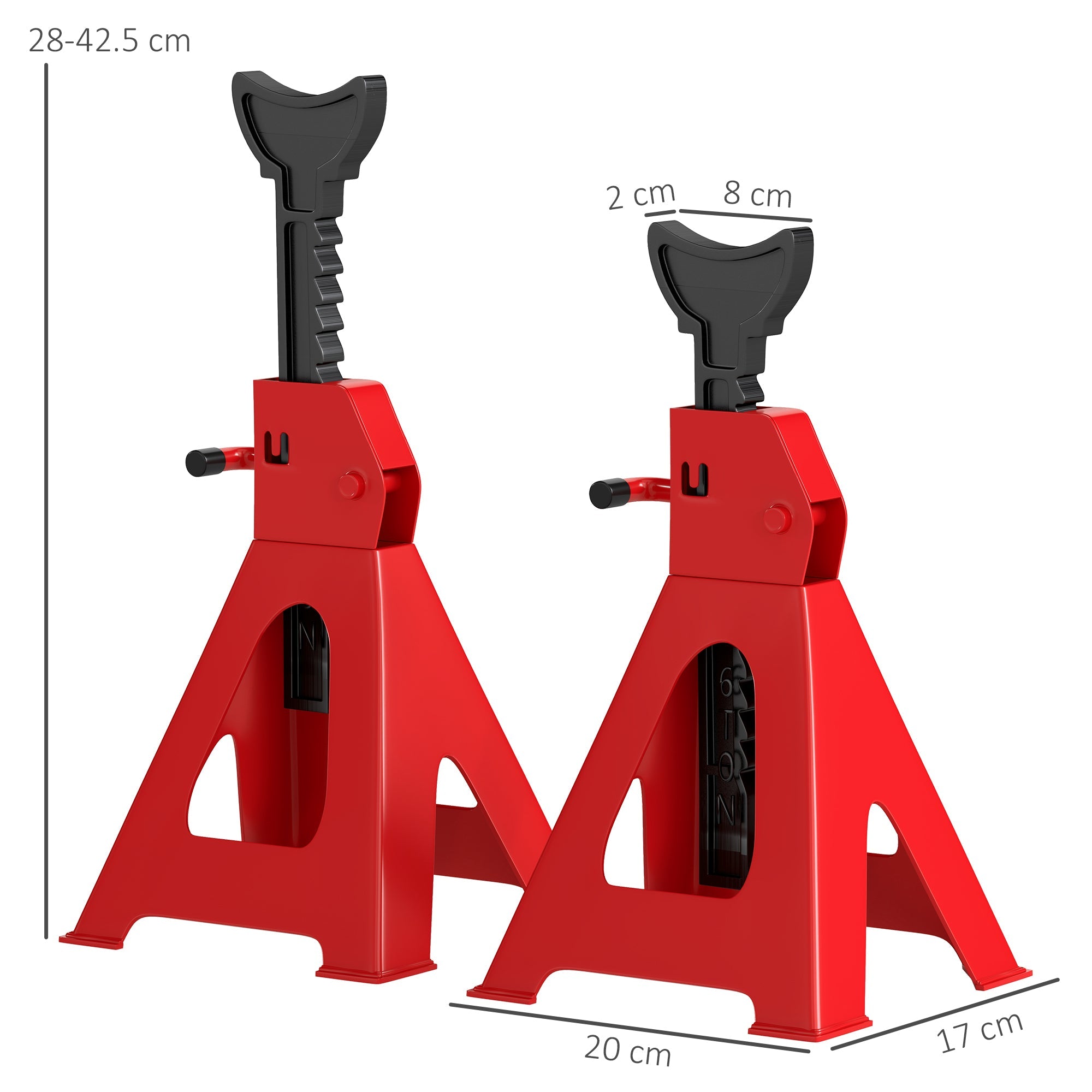 HOMCOM Axle Stands 2 Ton Car Jack Stands Pack of 2, 28-42.5 cm Height Adjustable Support Jack Stand, Heavy Duty Car Lift Tool for Vehicles, Caravans, Workshops, Garages, Red 