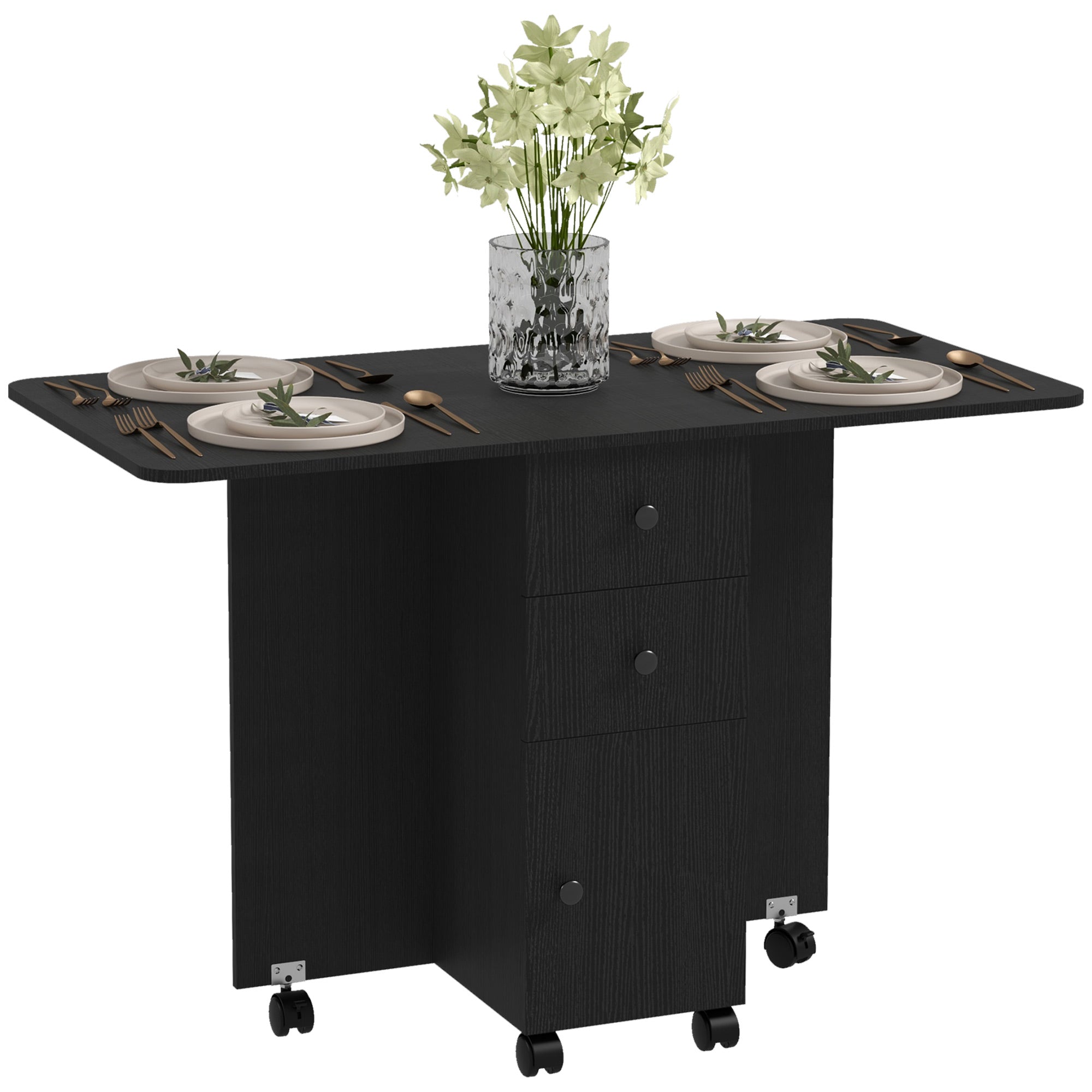 HOMCOM Multi-Storage Six-Person Drop Leaf Dining Table -  Distressed Black 