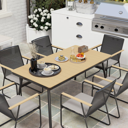 Outsunny 6 Seater Garden Dining Set with Soft Cushions, Rattan Backrest, Rectangular Plastic Top, Garden Furniture Set, Outdoor Dining Table and Chairs for Patio, Balcony, Poolside, Nature Wood Finish 