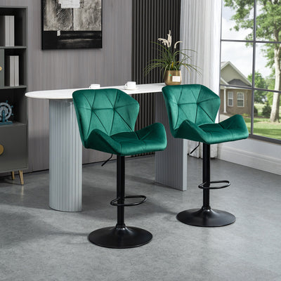 HOMCOM Bar Stools Set Of 2, Luxurious Velvet-Touch Barstools with Metal Frame Footrest Round Base Triangle Indenting Moulded Seat Adjustable Height Swivel Green 