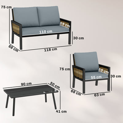 Outsunny 4 Seater Rattan Garden Furniture Set with 2 Armchairs, Loveseat, Coffee Table, Garden Sofa Set with Cushions, Grey 