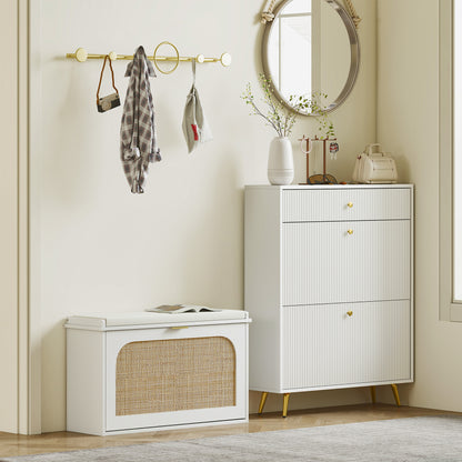 HOMCOM Boho Shoe Bench with Padded Seat and Flip-Drawer - White