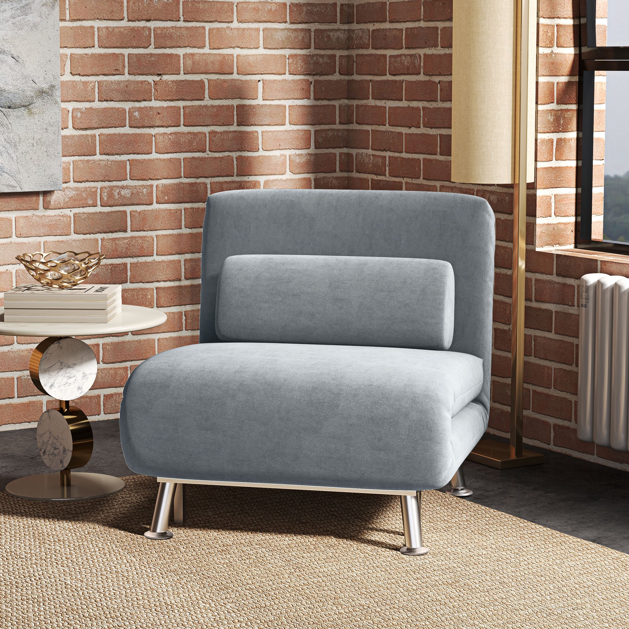 HOMCOM Single Velvet-Feel Sleeper Chair - Grey 