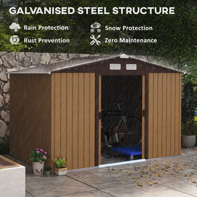 Outsunny 9 x 6ft Metal Garden Shed, Outdoor Storage Tool House with Ventilation Slots, Foundation Kit and Lockable Double Doors, Light Brown 