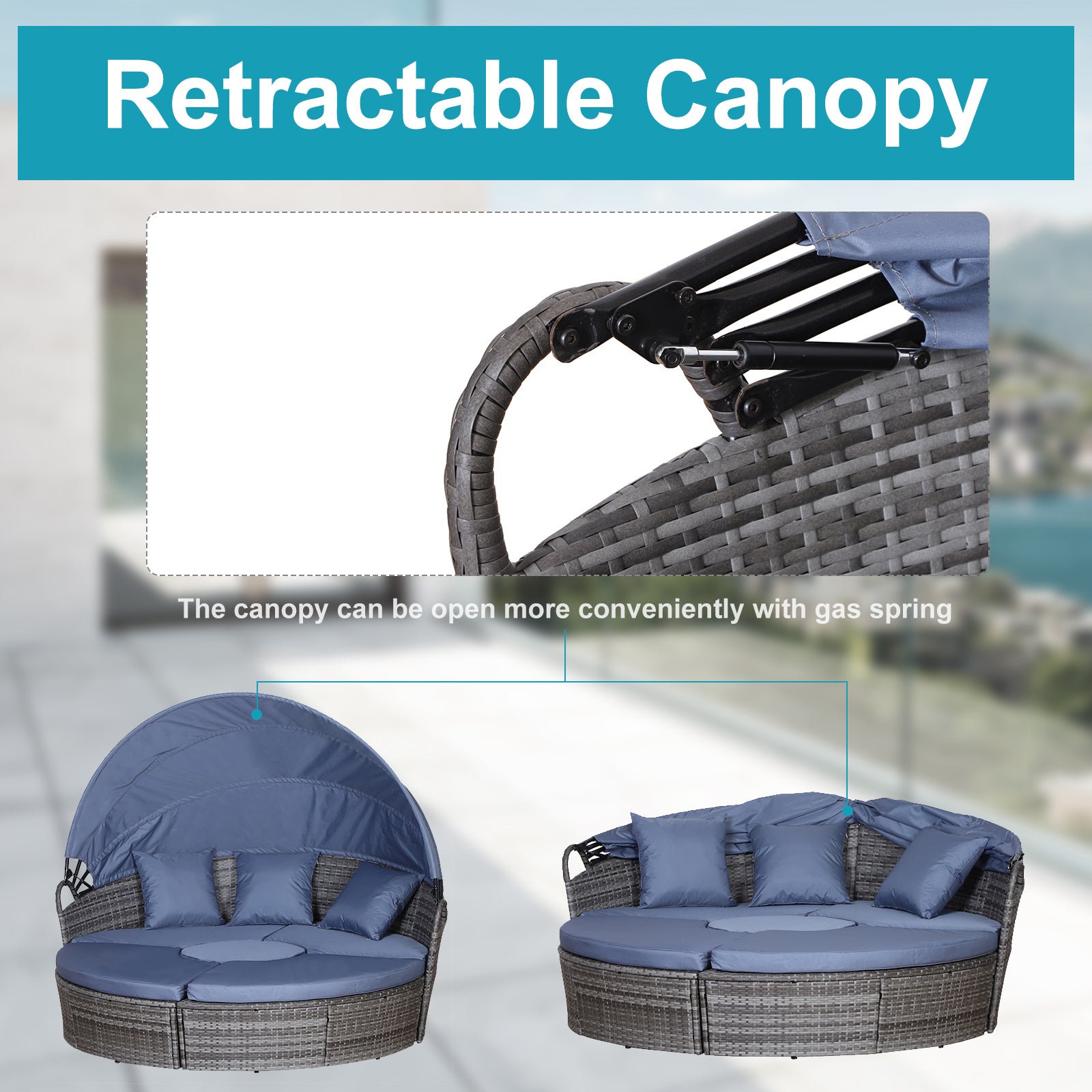 Outsunny PE Rattan Lounge Set, 5 Pieces Patio Conversation Furniture Set, Garden Round Sofa Bed with Cushion and Retractable Canopy, Grey 