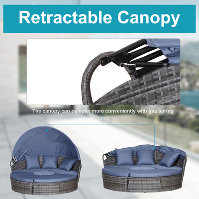 Outsunny PE Rattan Lounge Set, 5 Pieces Patio Conversation Furniture Set, Garden Round Sofa Bed with Cushion and Retractable Canopy, Grey 