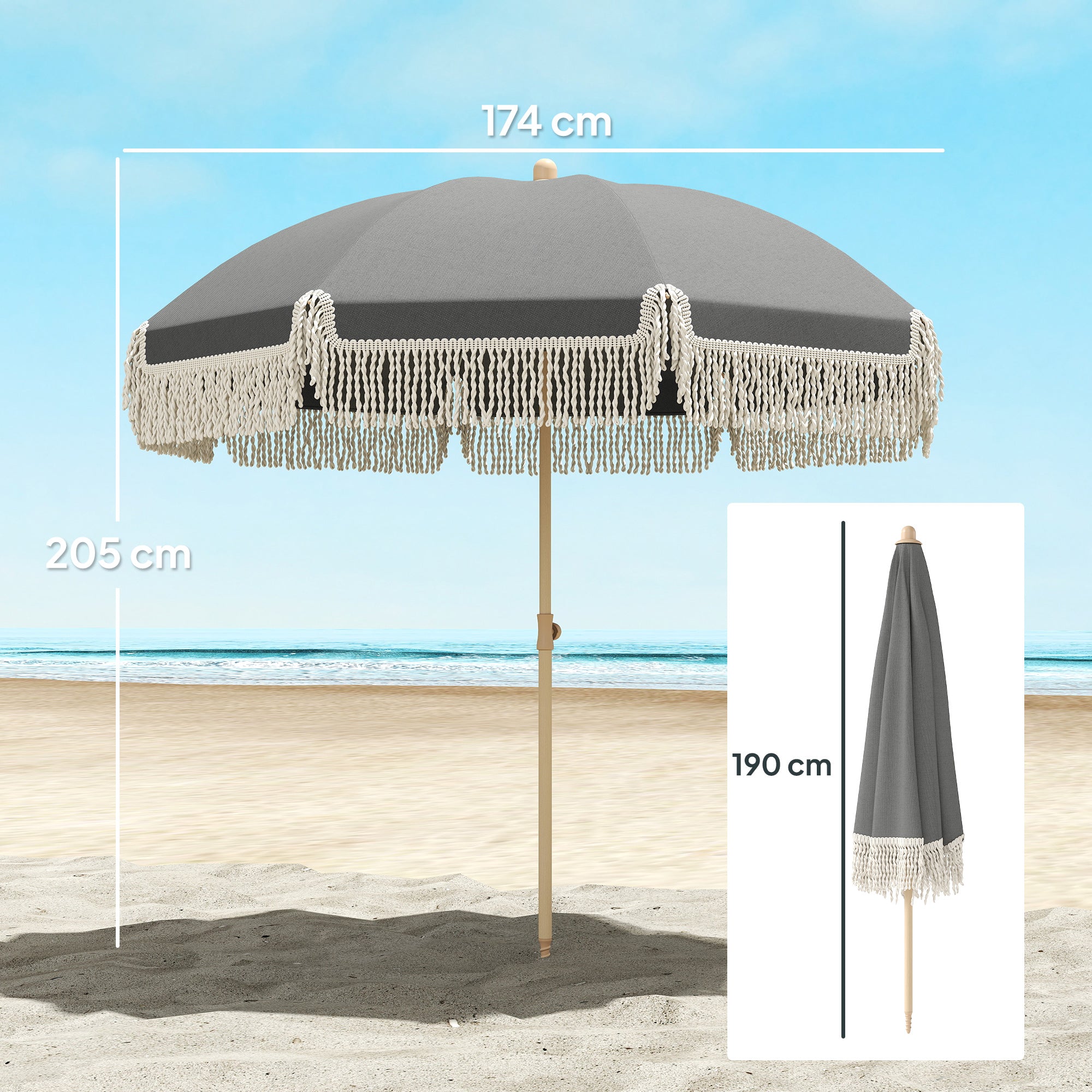 Outsunny 1.7 m Beach Umbrella with Sand Anchor, 30° Tilting Fringed Beach Garden Parasol with Adjustable Height, Grey 