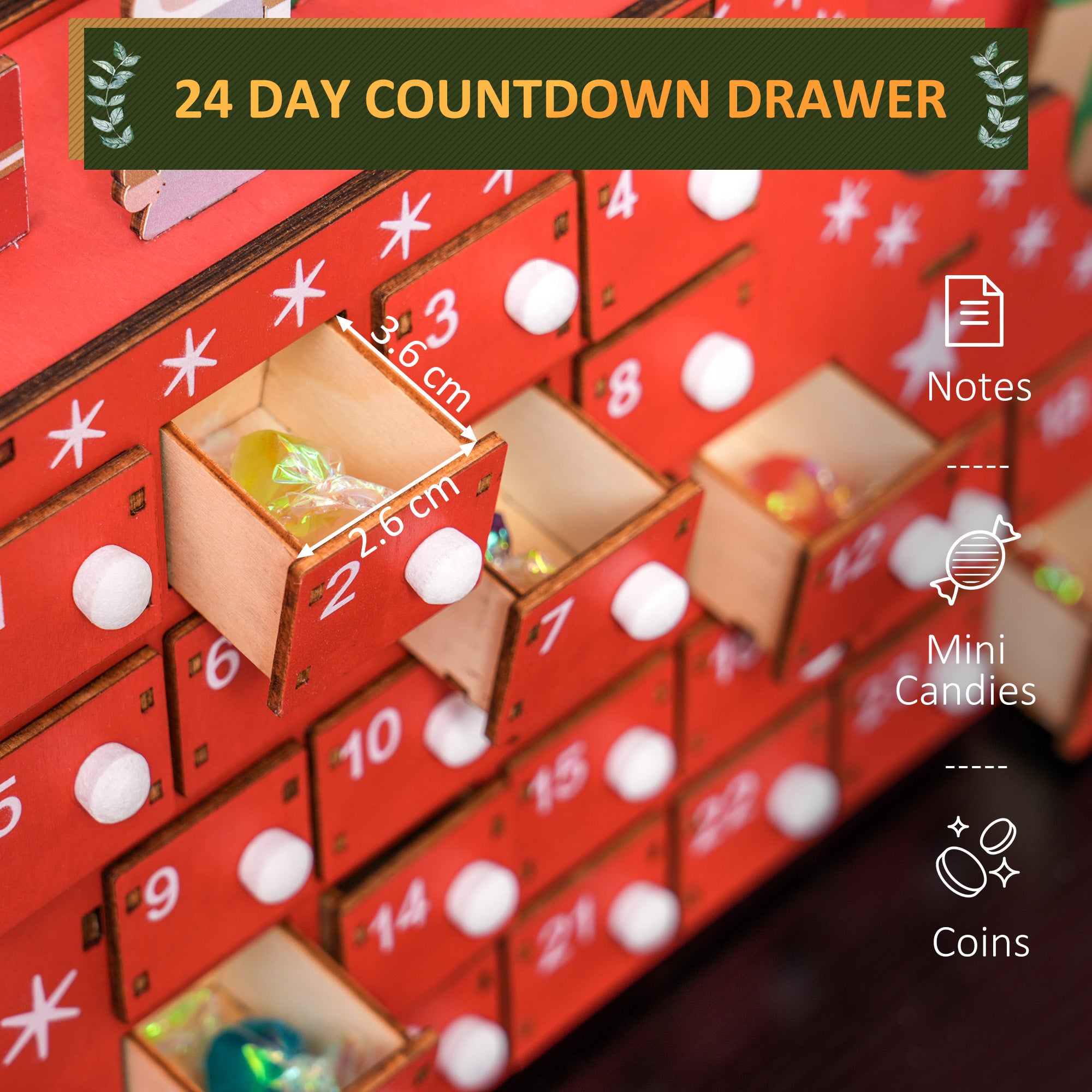 HOMCOM 24-Drawer Reusable Santa Sleigh Christmas Advent Calendar
