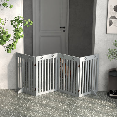 PawHut Wooden Pet Gate Foldable Freestanding Dog Safety Barrier w/ Support Feet, Grey 