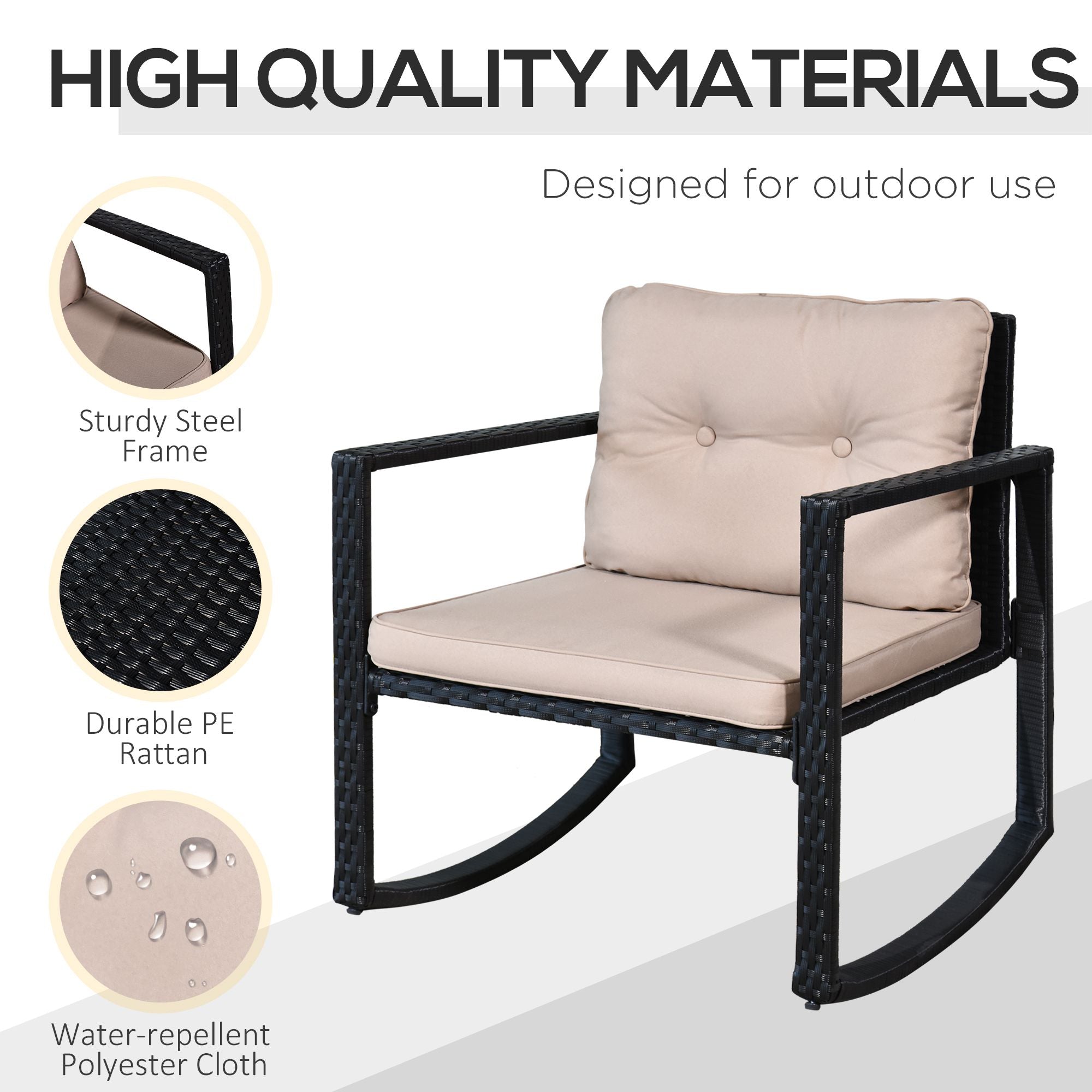 Outsunny 3 Pieces Rattan Garden Rocking Chair Set, Outdoor Rocking Bistro Set w/ 2 Cushioned Armchair and Glass Top Two-tier Coffee Table, Black 