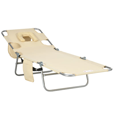 Outsunny Foldable Sun Lounger, Beach Chaise Lounge with Reading Hole, Arm Slots, 5-Position Adjustable Backrest, Side Pocket, Pillow for Patio, Garden, Beach, Pool, Beige 