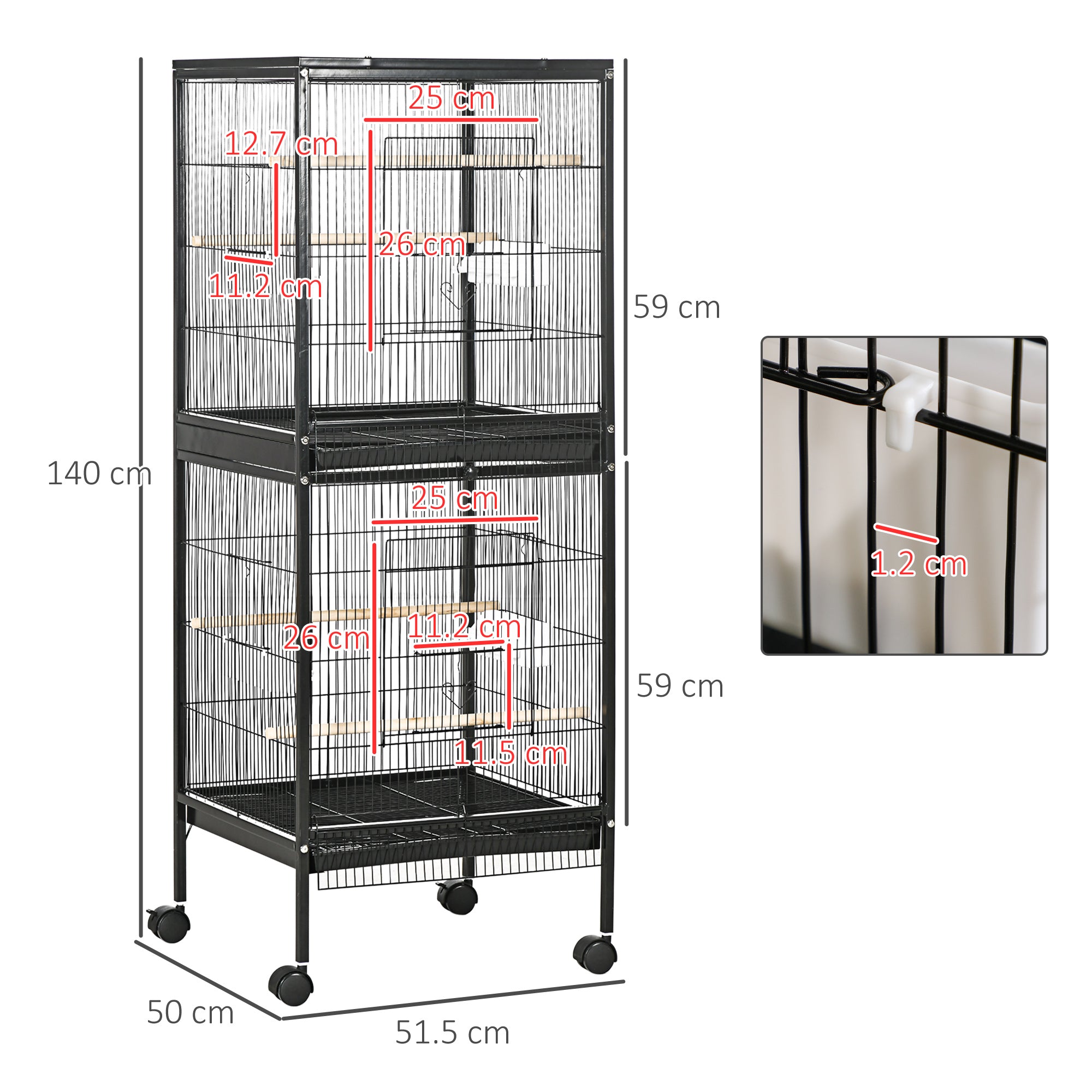 PawHut Bird Cage Budgie Cage 2 In 1 Large Aviary with Wheels Removable Trays for Finch Canaries Cockatiels Black