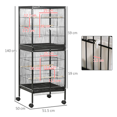 PawHut Bird Cage Budgie Cage 2 In 1 Large Aviary with Wheels Removable Trays for Finch Canaries Cockatiels Black 