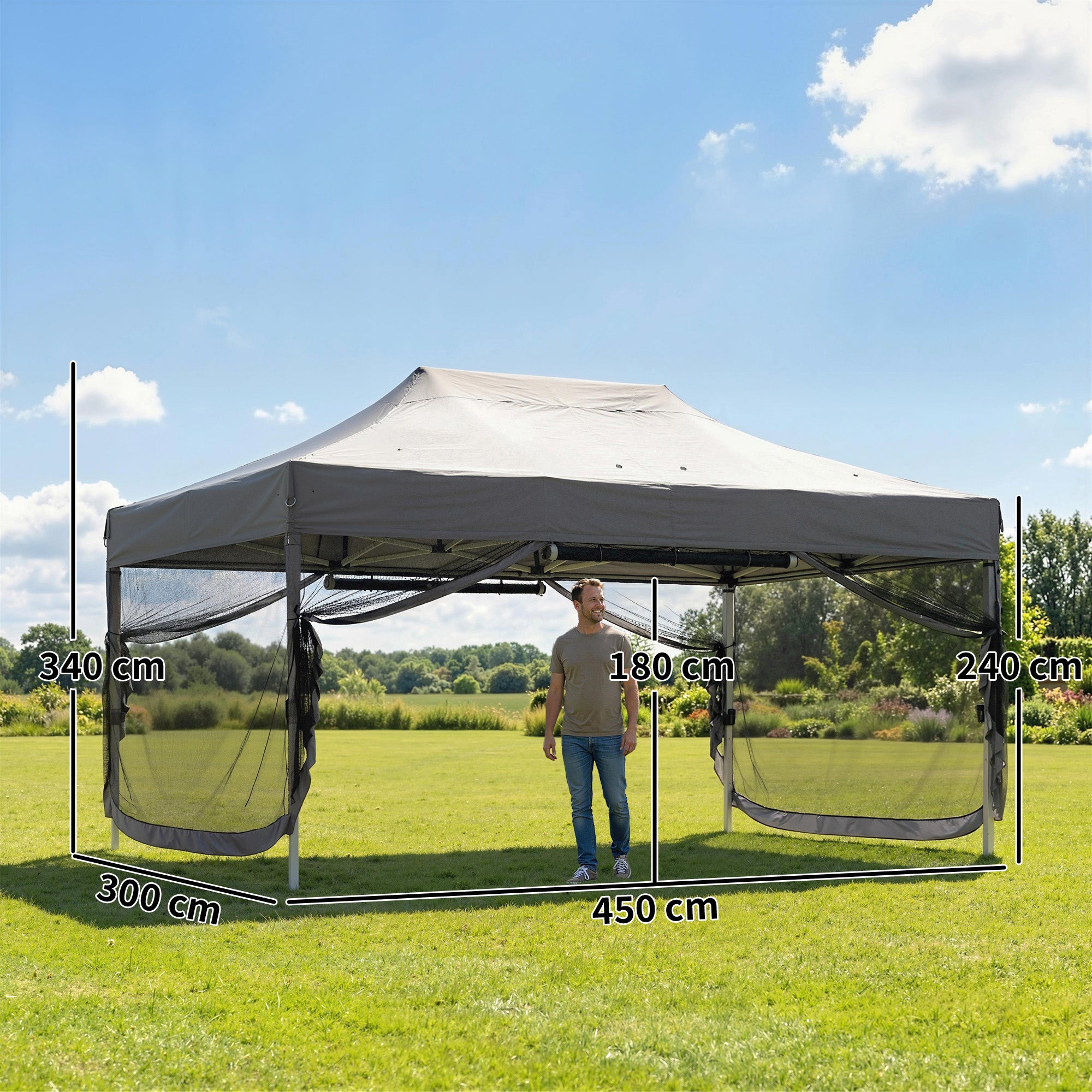 Outsunny 3 x 4.5 m Pop Up Gazebo with Mesh Nettings, UPF50+ Heavy Duty Outdoor Garden Party Tent Marquee, Dark Grey 