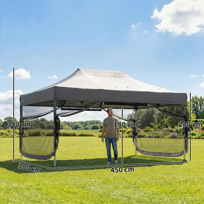 Outsunny 3 x 4.5 m Pop Up Gazebo with Mesh Nettings, UPF50+ Heavy Duty Outdoor Garden Party Tent Marquee, Dark Grey 