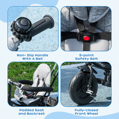 HOMCOM 6 in 1 Kids Trike Push Bike w/ Push Handle, Canopy, 5-point Safety Belt, Storage, Footrest, Brake, for 1-5 Years, Grey 