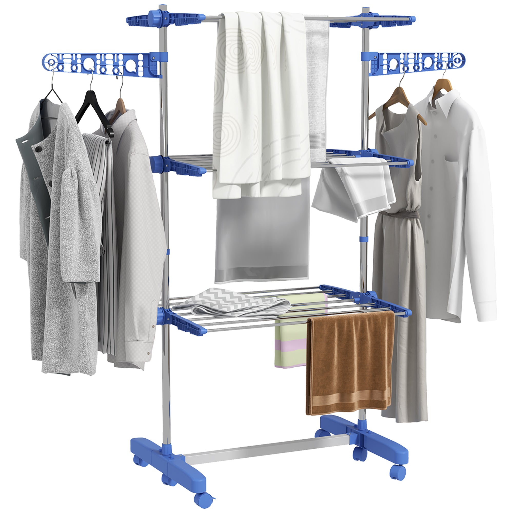 HOMCOM Three-Shelf Collapsing Clothes Horse, With Side Arms and Wheels - Blue 