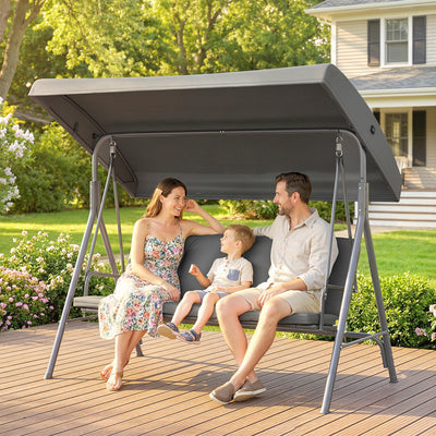Outsunny 3 Seater Garden Swing Chair, Patio Rocking Bench with Tilting Canopy, Removable Cushion and Steel Frame, Dark Grey 