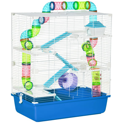 PawHut 5 Tier Hamster Cage, Gerbil Cage with Tube, Water Bottle, Exercise Wheel, Food Dish, 59L x 36W x 69H cm - Blue 