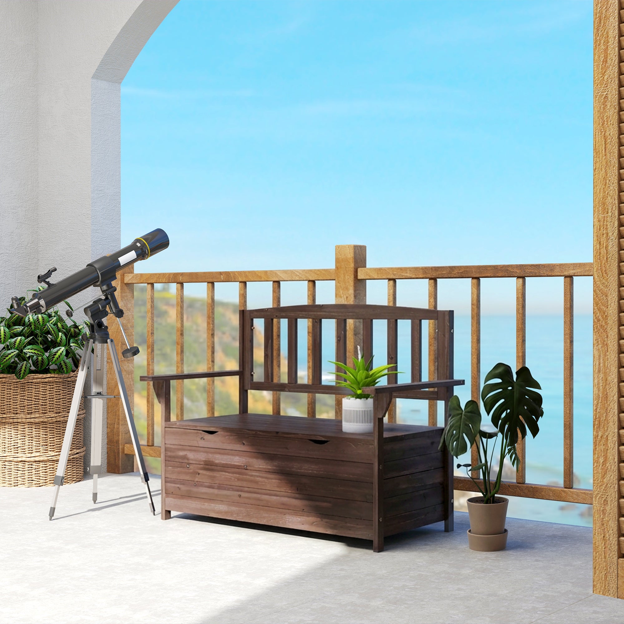Outsunny Outdoor 2 Seater Garden Bench, Wooden Bench with Storage, Backrest, Arm Rests, 112 x 84 x 58 cm, Brown 