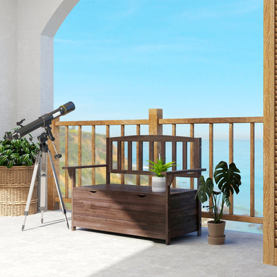 Outsunny Outdoor 2 Seater Garden Bench, Wooden Bench with Storage, Backrest, Arm Rests, 112 x 84 x 58 cm, Brown 