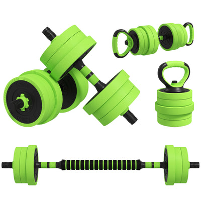 SPORTNOW 20kg Four-In-One Adjustable Weight Dumbbells Set, Barbell, Kettlebell, Push Up Stand - Green 